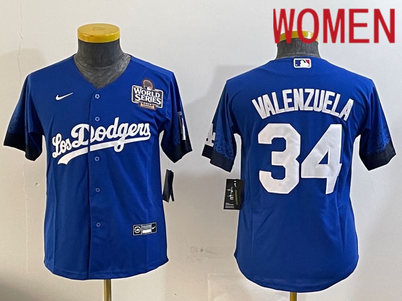 Women Los Angeles Dodgers #34 Valenzuela 2024 World series patch blue jersey 2024112001->youth mlb jersey->Youth Jersey